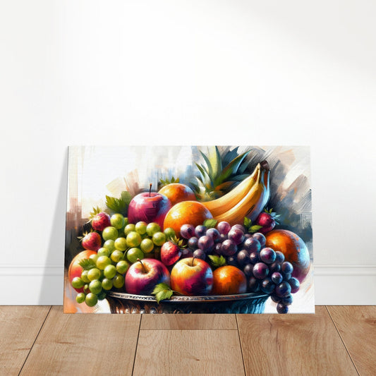 Canvas art depicting a classic fruit bowl filled with grapes, bananas, and colorful assorted fruits.