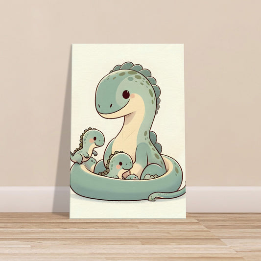 Cartoon-style Maiasaura with nurturing expression surrounded by playful baby dinosaurs in soft colors.