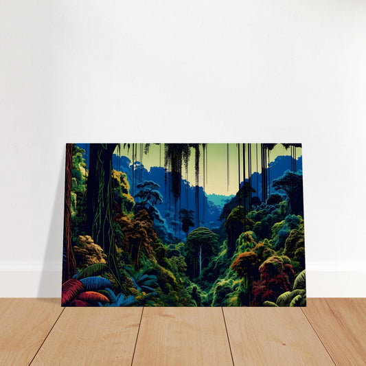 Pop art-style dense jungle with layered foliage, bold greens and blues, and stylized vines and trees.