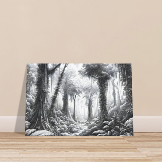 Black and white sketch of a dense tropical jungle with trees, vines, and detailed foliage.