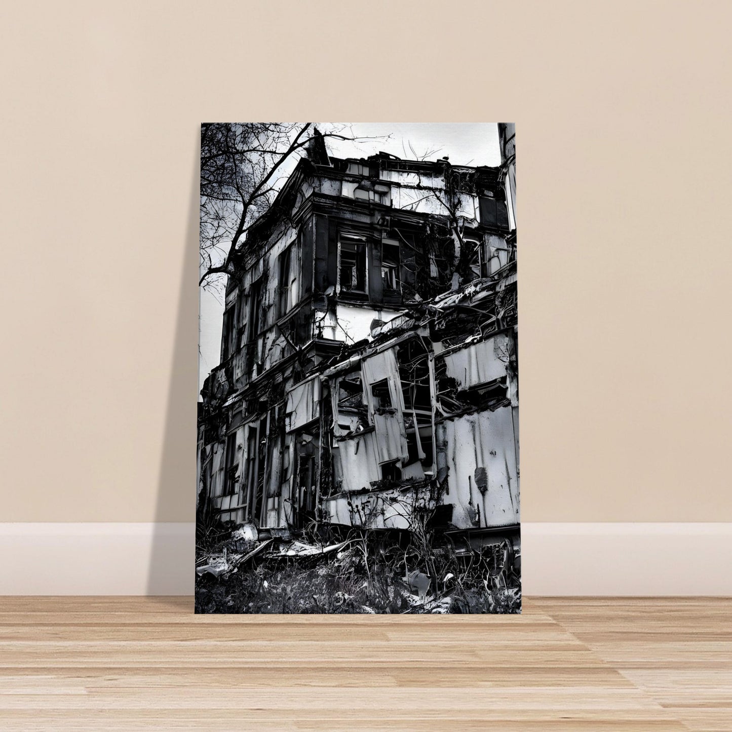 Black and white canvas of a crumbling derelict building with broken windows and bare trees