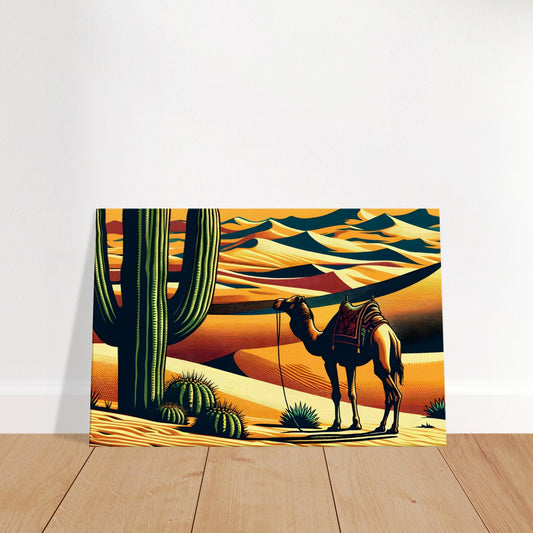 Pop art-style image of a camel with a traditional saddle in a desert of bright orange dunes, green cacti, and a cyan-to-amber sky.