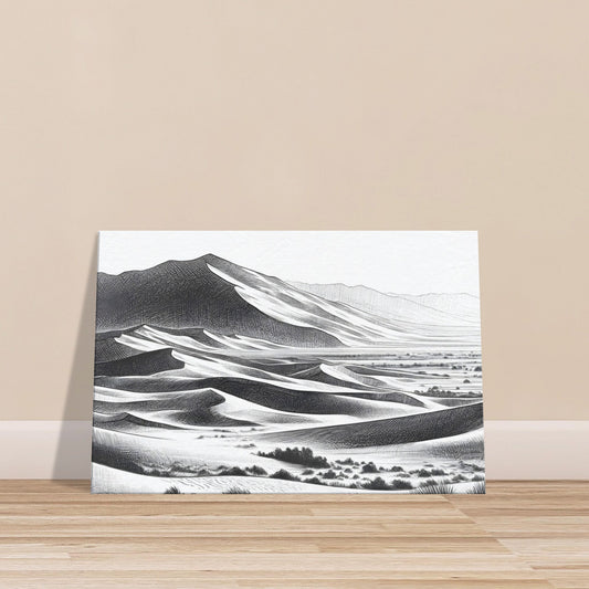 Black and white sketch of desert dunes with detailed textures and distant mountains in the background.