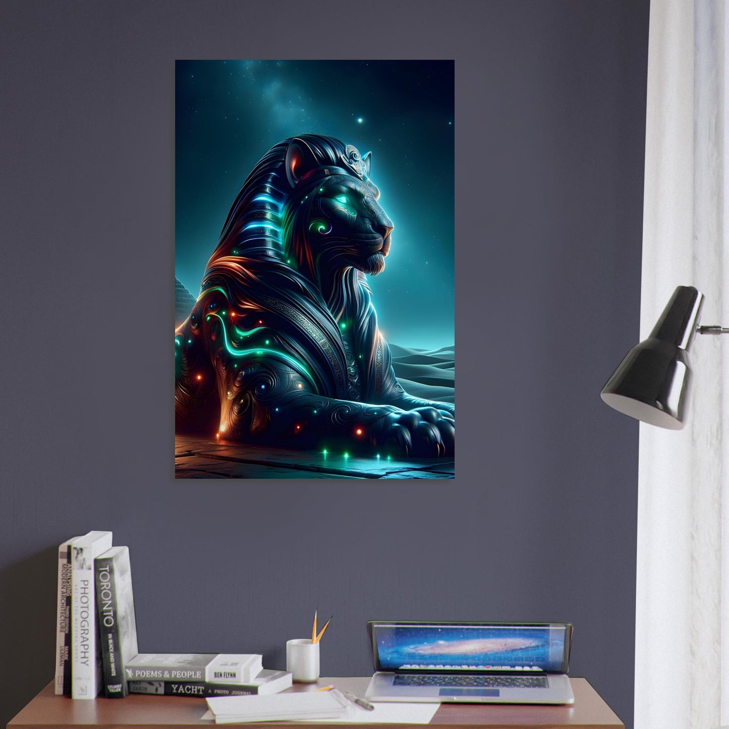 Metal poster of a Sphinx with glowing streaks of green, blue, and red, resting beneath a moonlit desert sky with pyramids in the background.