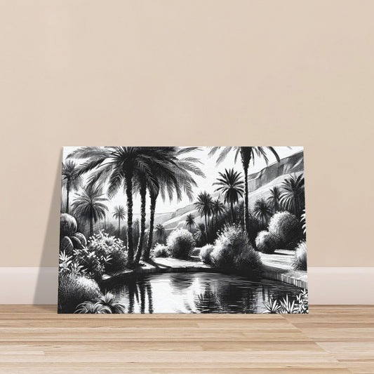 Black and white sketch of a desert oasis with palm trees and a reflective pond surrounded by arid landscape.