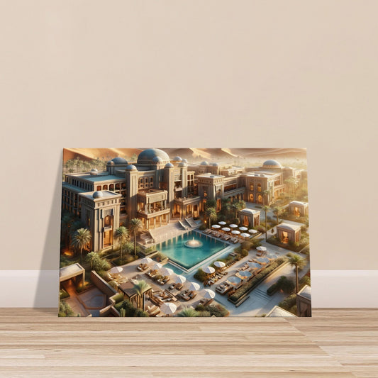 Artistic depiction of a luxury desert oasis with domed buildings, palm trees, a pool, and golden sand dunes at sunset.