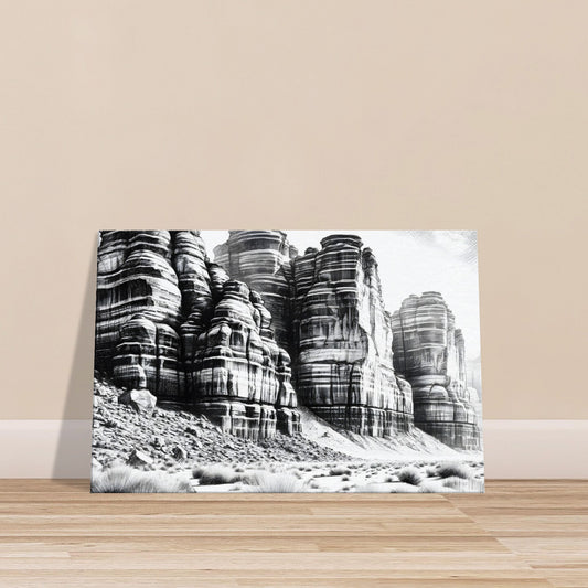 Sketch of sandstone rock formations in a desert landscape with layered cliffs, wind-carved textures, and sparse vegetation.