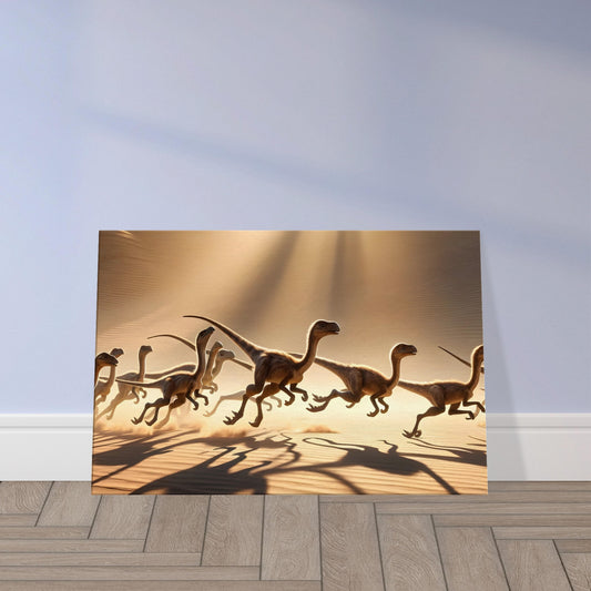 Wall art of a group of Gallimimus running across a sunlit desert landscape in early morning light.