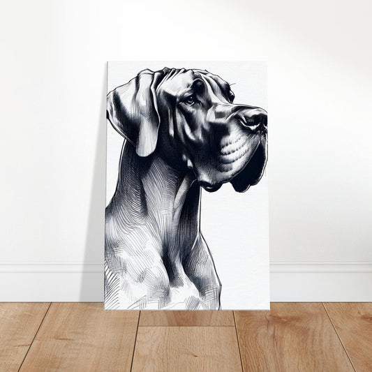 Black and white sketch of a Great Dane dog, highlighting its elegant posture and calm, intelligent expression.