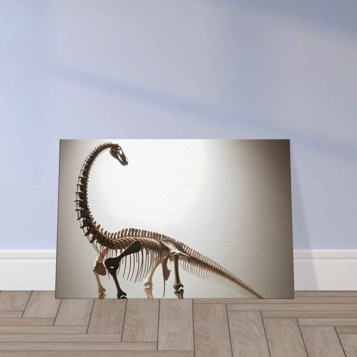 Illustration of a Diplodocus skeleton with an emphasis on its elongated neck and tail, showing detailed anatomical features.