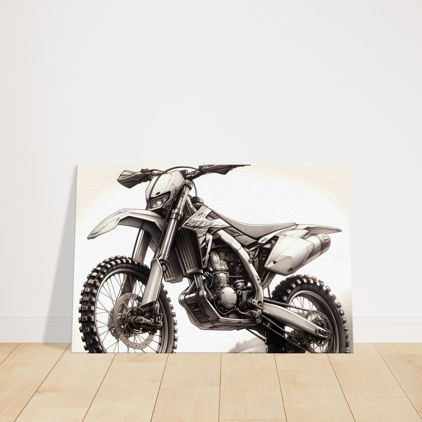 Detailed black and white sketch of a dirt bike showing frame, tires, and mechanical design for off-road riding.