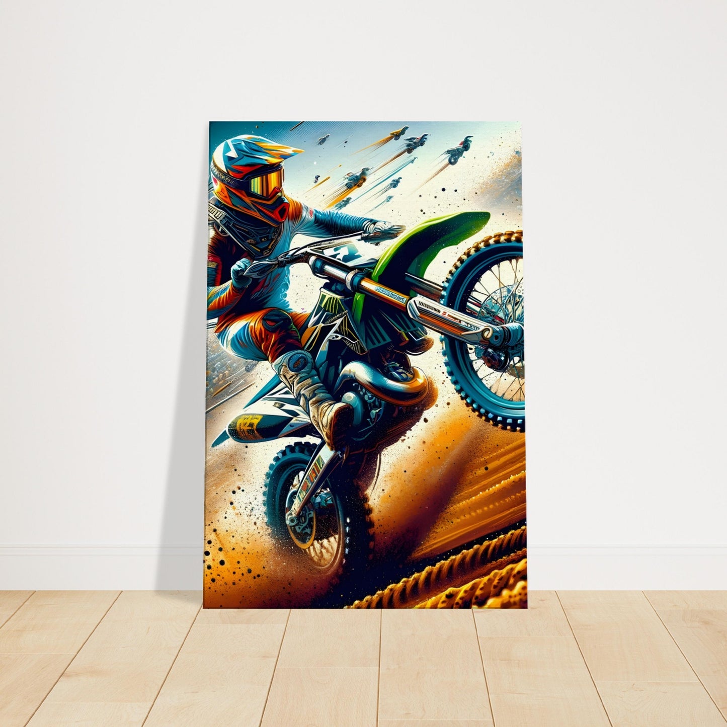 Dirt bike rider doing a wheelie on a muddy track, rear tire spraying mud, with vivid colors and dynamic detail.