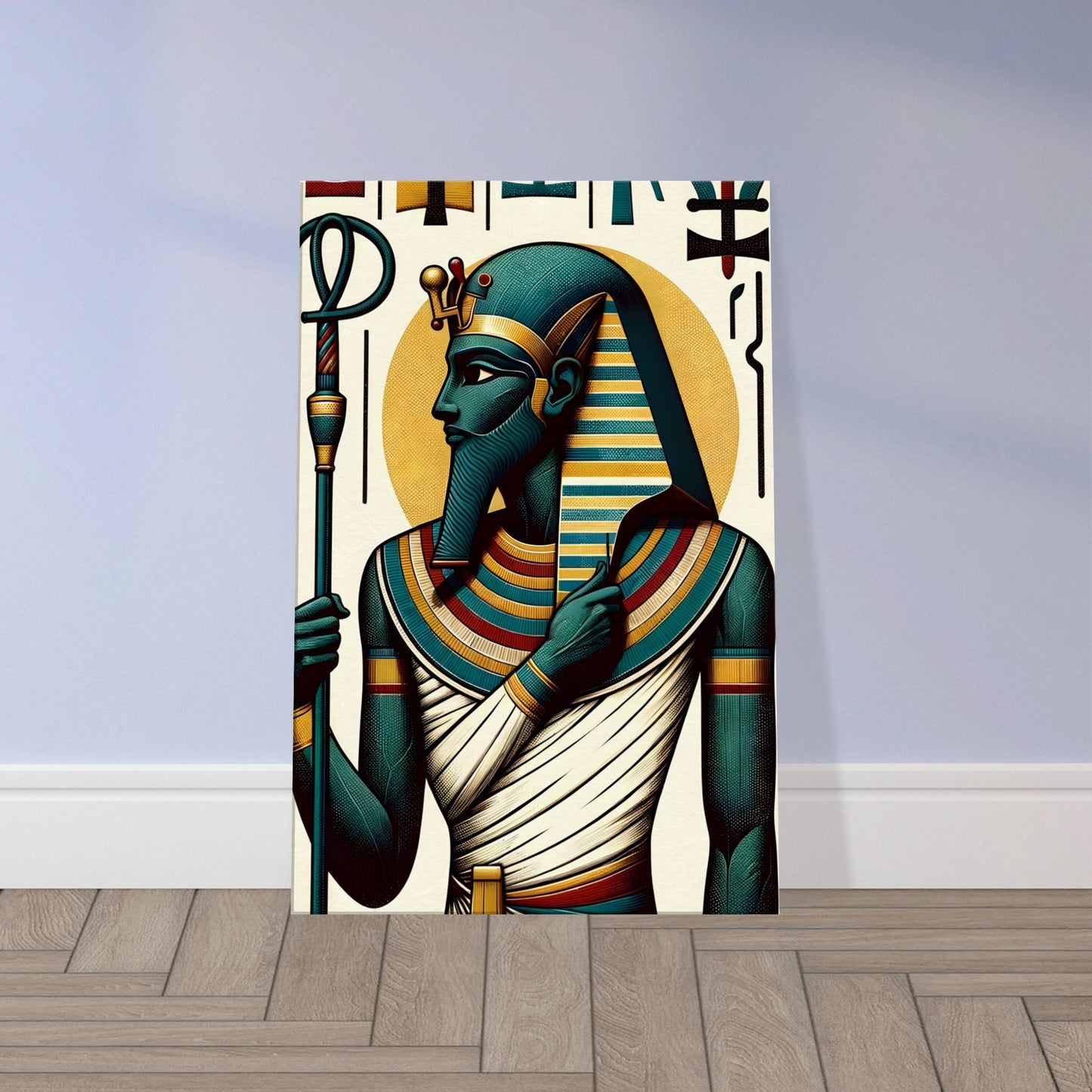 Egyptian god Ptah in mummified form holding staff with ankh, djed, and was symbols, wearing a cap and divine beard.