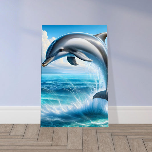 Hyper-realistic image of a Bottlenose Dolphin leaping joyfully out of sparkling ocean waters under radiant sunshine.