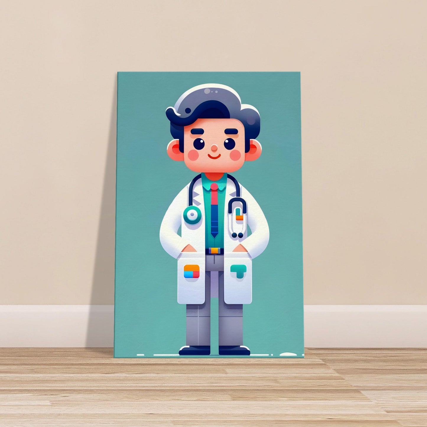 Minimalist cartoon doctor named Dr. Healwell wearing a white lab coat with colorful accents and a bright stethoscope.