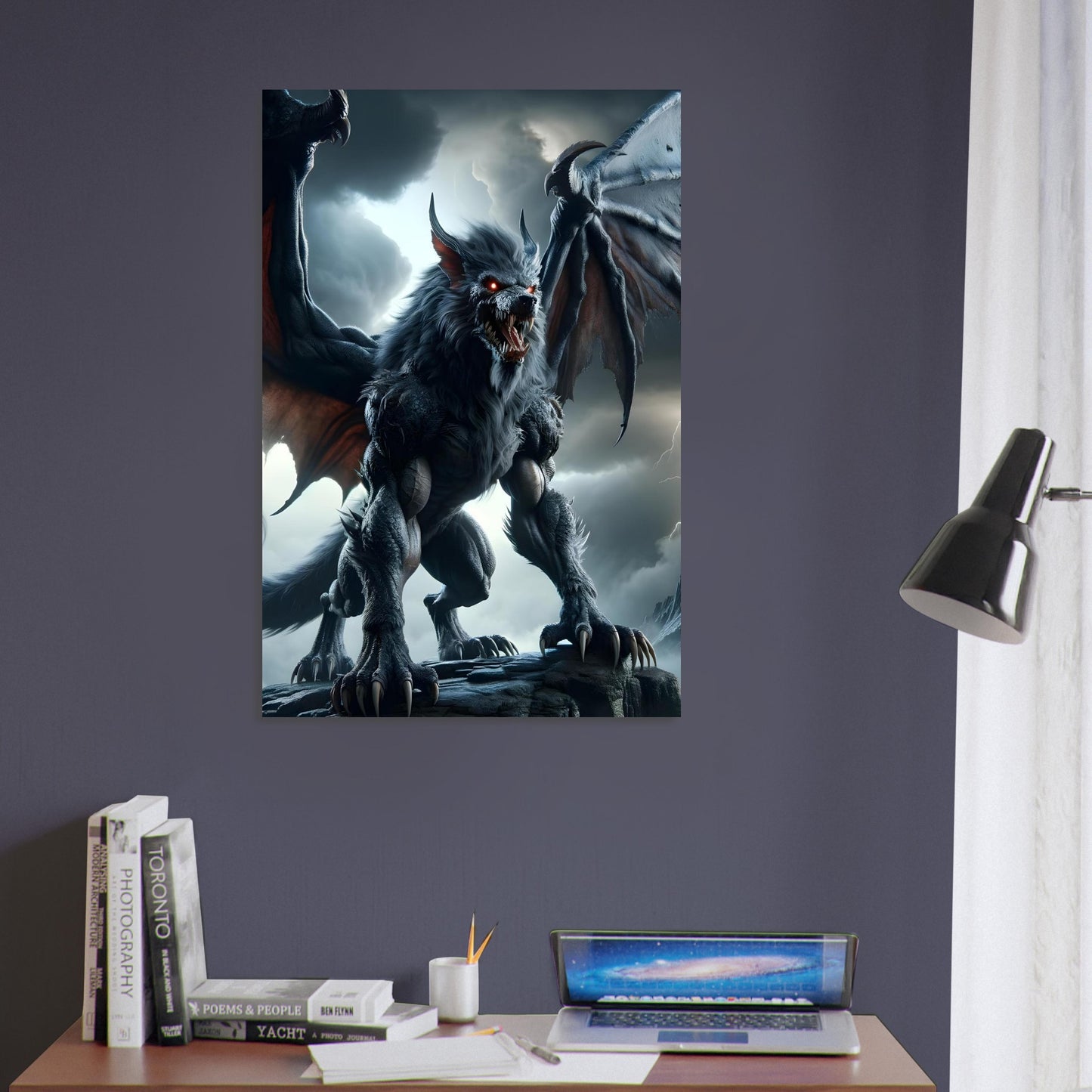 Metal poster of a fierce wolf-dragon creature with glowing red eyes, leathery wings, and black fur standing on a stormy mountain peak.