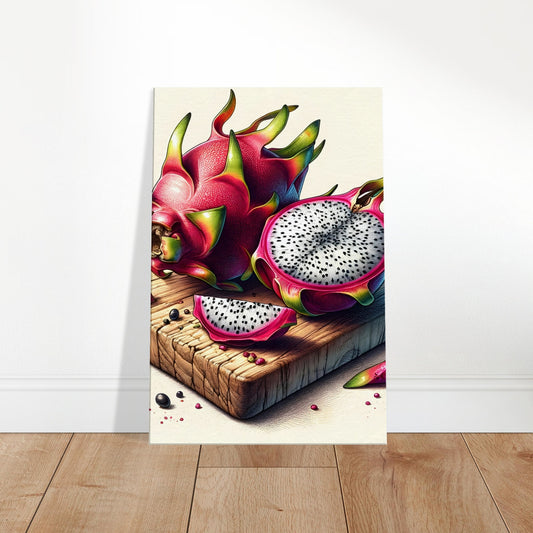 Canvas art depicting a hand-drawn dragon fruit with spiky magenta skin and white flesh with black seeds on a rustic cutting board.