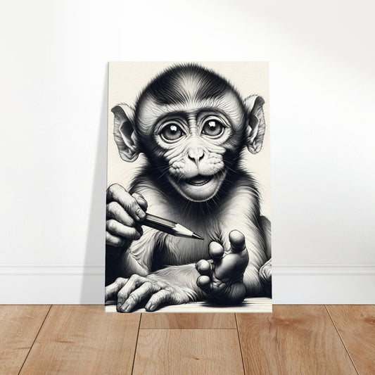 Canvas print of a detailed pencil sketch of a playful baby monkey with expressive eyes and nimble fingers.