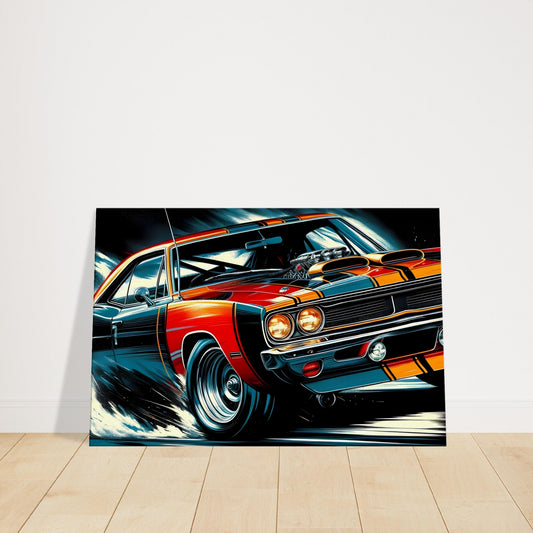 Classic muscle car drifting with smoke and vibrant background, showcasing motion, power, and retro racing style.
