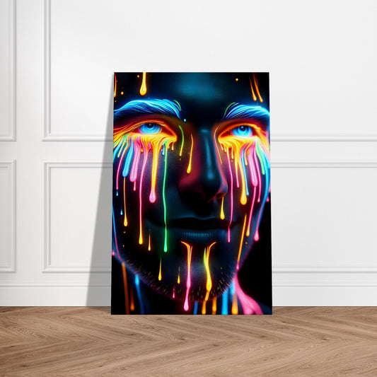 Portrait of a joyful face with glowing paint drips in vivid blue and yellow tones, expressing happiness in modern expressionist style.