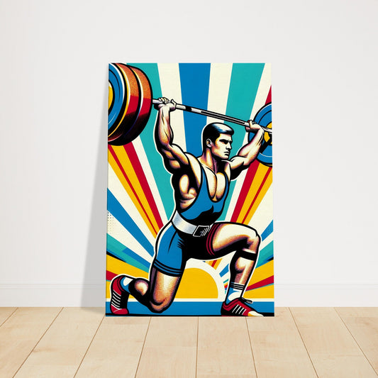 Pop art canvas of a powerlifter raising a barbell overhead in bright geometric colors