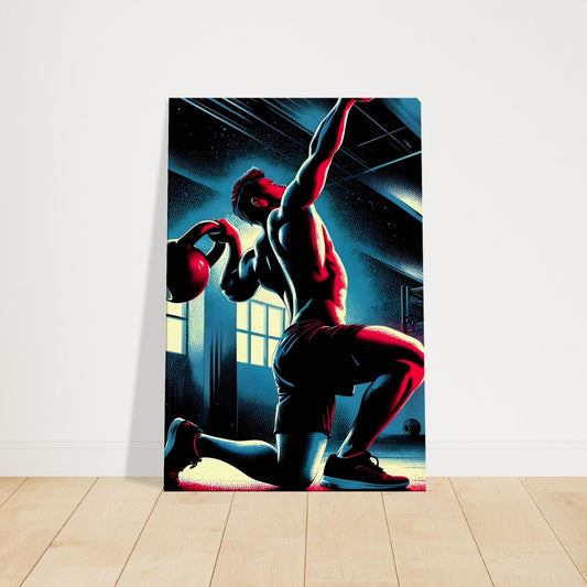 Pop art canvas of kettlebell swing with red and blue highlights in dark gym setting