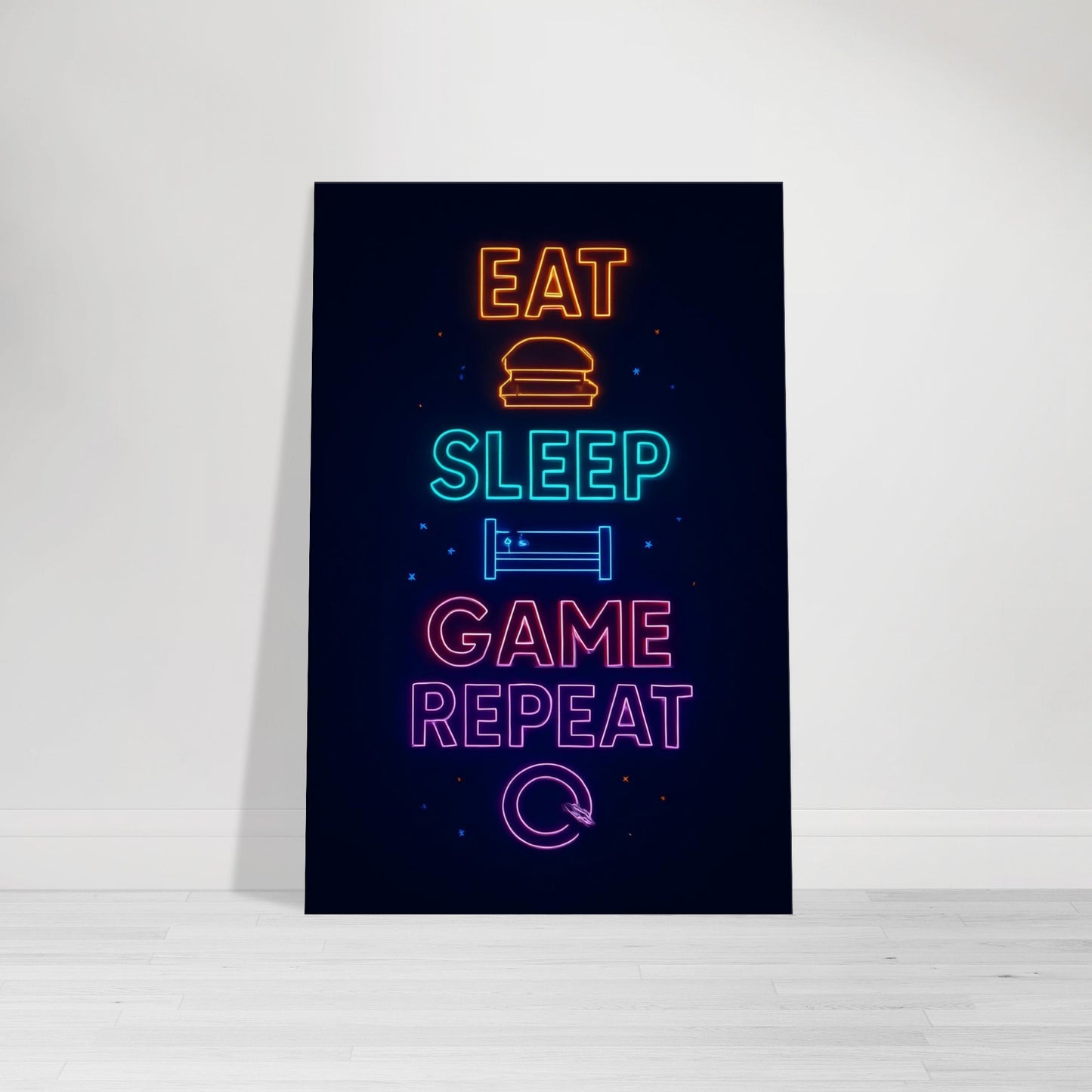 Neon wall art with glowing icons and text reading Eat Sleep Game Repeat.