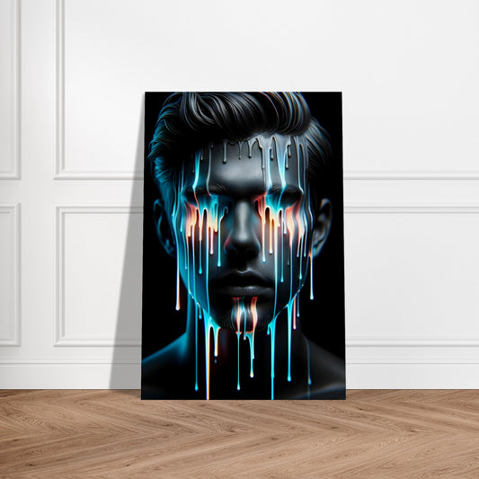 Portrait of a downcast figure with grey and blue paint drips, expressing sadness and disappointment in a modern art style.