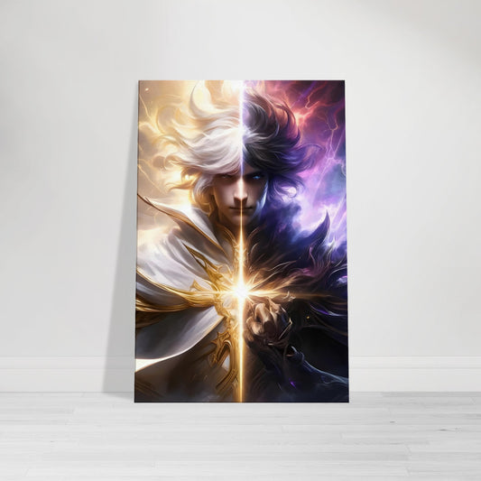 Anime warrior with glowing hair of light and shadow, wielding a radiant weapon under a stormy sky filled with lightning, symbolizing the balance between good and evil.