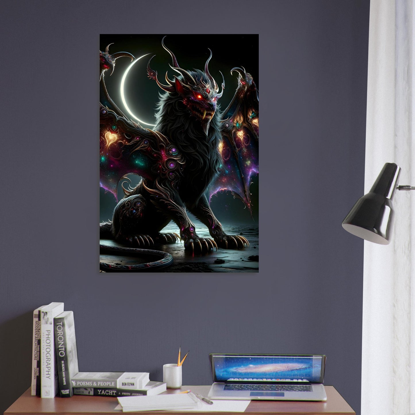 Metal poster of a lion-bodied Manticore with wings and scorpion tail glowing in green, purple, and red under a dark eclipse sky.