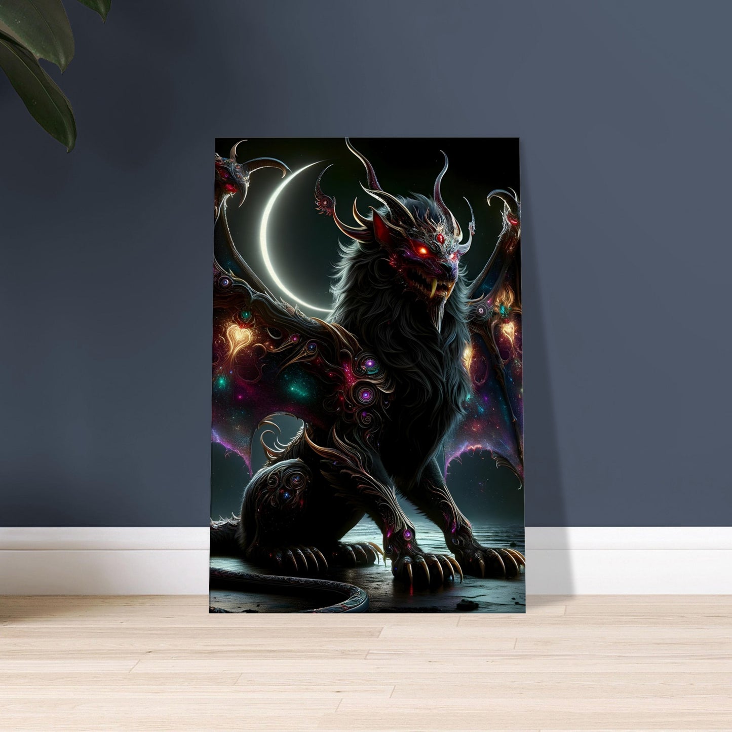 Artwork of a lion-bodied creature with bat wings, scorpion tail, and glowing red eyes in a moonlit landscape with cosmic color accents.