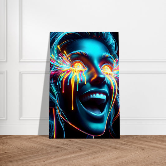 Portrait of an excited figure with vibrant multicolored paint drips, capturing a joyful, energetic expression in modern art style.