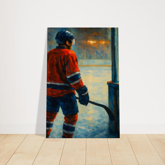 Low-angle artwork of a hockey defenceman standing at rinkside under bright arena lights.