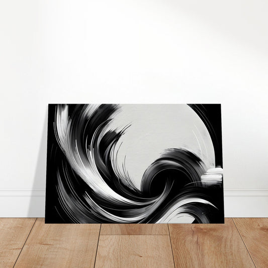 Minimalist black and white abstract painting featuring refined brushstrokes and a balanced composition, evoking luxury and elegance through simplicity.