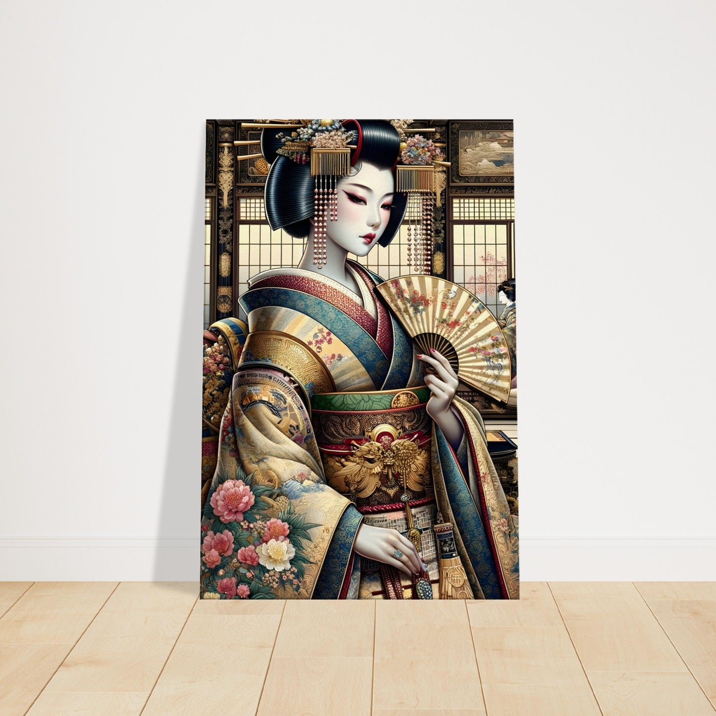 Geisha in an ornate kimono standing in a traditional Japanese tea house with cherry blossoms and elegant furnishings.