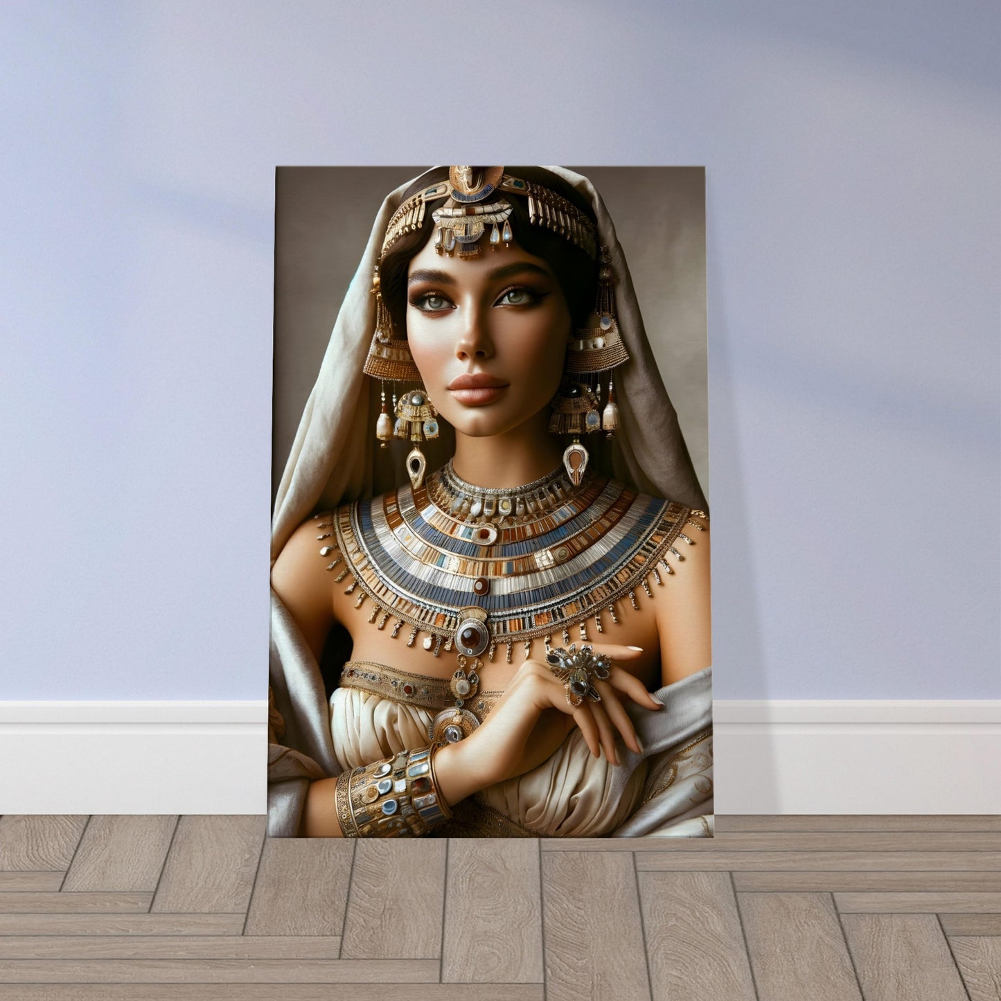 Portrait of an Egyptian noblewoman in intricate beaded attire with gold jewelry, symbolizing wealth and refinement in Nile court life.