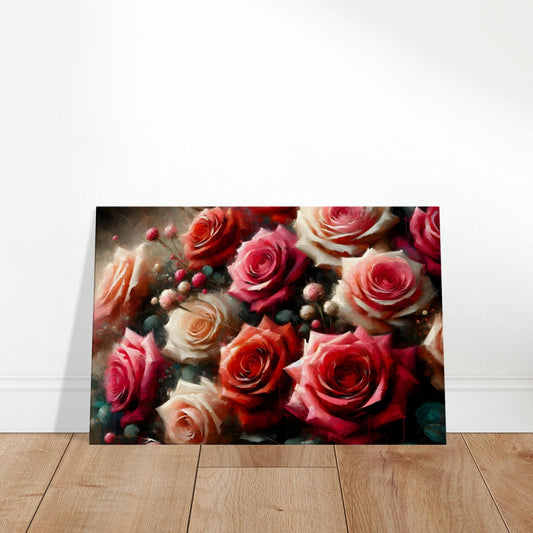 Artistic rendering of a rose bouquet with red, pink, and white roses in soft lighting and elegant detail.