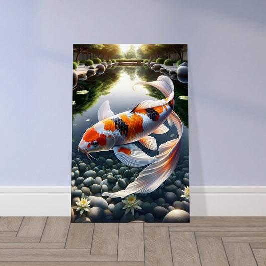 Hyper-realistic image of a colorful koi fish gracefully swimming in a serene pond setting.