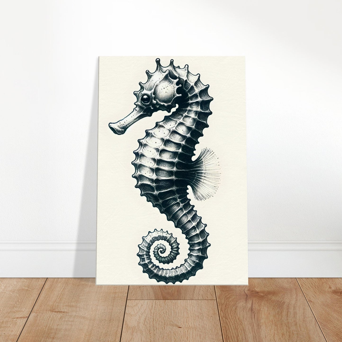 Sketch of an elegant seahorse with curled tail and gentle expression amidst underwater flora.