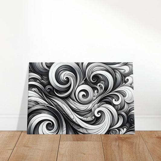 Grayscale abstract canvas featuring swirling lines and shapes that create a sense of graceful, fluid movement.