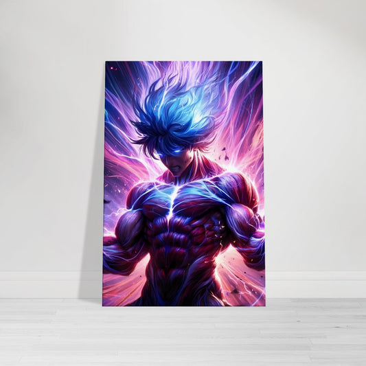 Anime warrior with glowing neon green, orange, and blue energy lines, standing in a dynamic pose as fire, lightning, and wind swirl around in a chaotic elemental vortex.