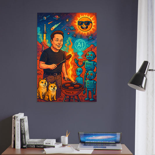 Elon Musk grilling on Mars with Dogecoin dogs, robots, and a quirky satellite – sci-fi metal wall art.