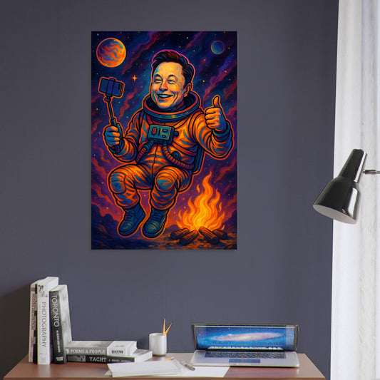 Elon Musk floating in neon spacesuit taking a selfie in a colorful galaxy with glowing planets – cosmic metal poster.