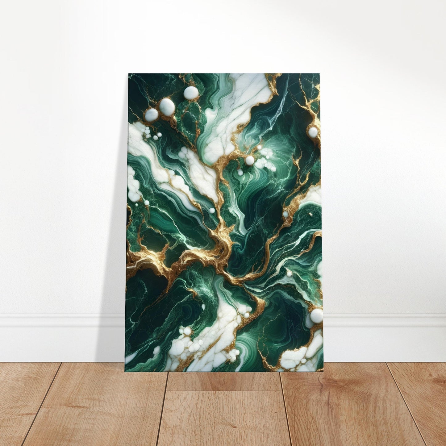 Emerald green marble wall art featuring white and gold veining with a polished, light-reflective surface.