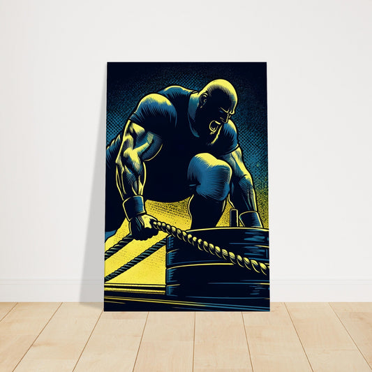 Pop art strongman pulling heavy sled with neon highlights in dark training environment