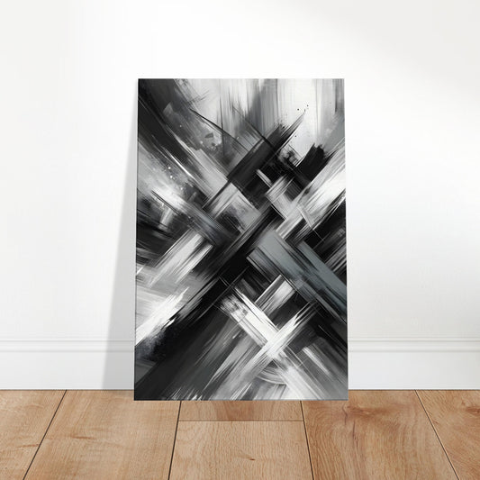 Grayscale abstract canvas featuring bold, dynamic brushstrokes in varying shades of gray.