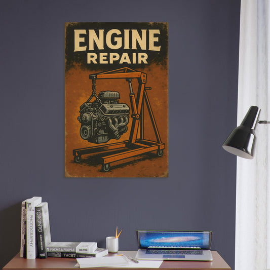V8 engine suspended from a classic engine hoist in a retro-style metal poster for garages and workshops.