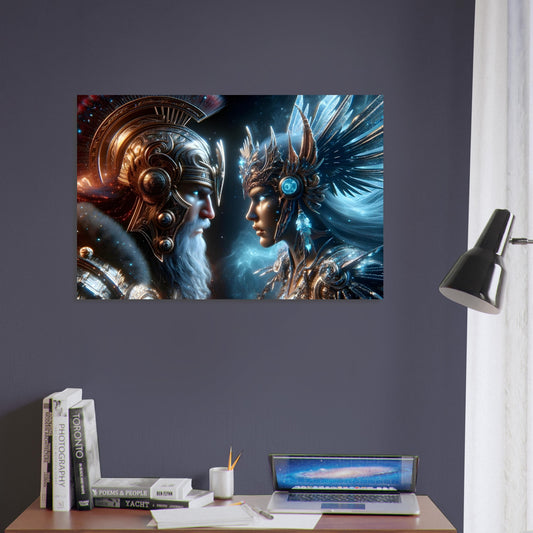 An Egyptian charioteer in gold and blue armor faces a Celtic druid in green and purple robes on a dark, mystical battleground.