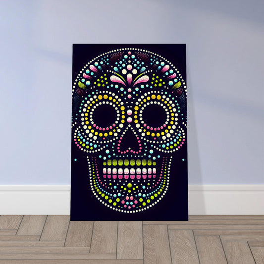 Skull artwork outlined with pink, light blue, and lime green dots in a simple, calming pattern on a dark background.
