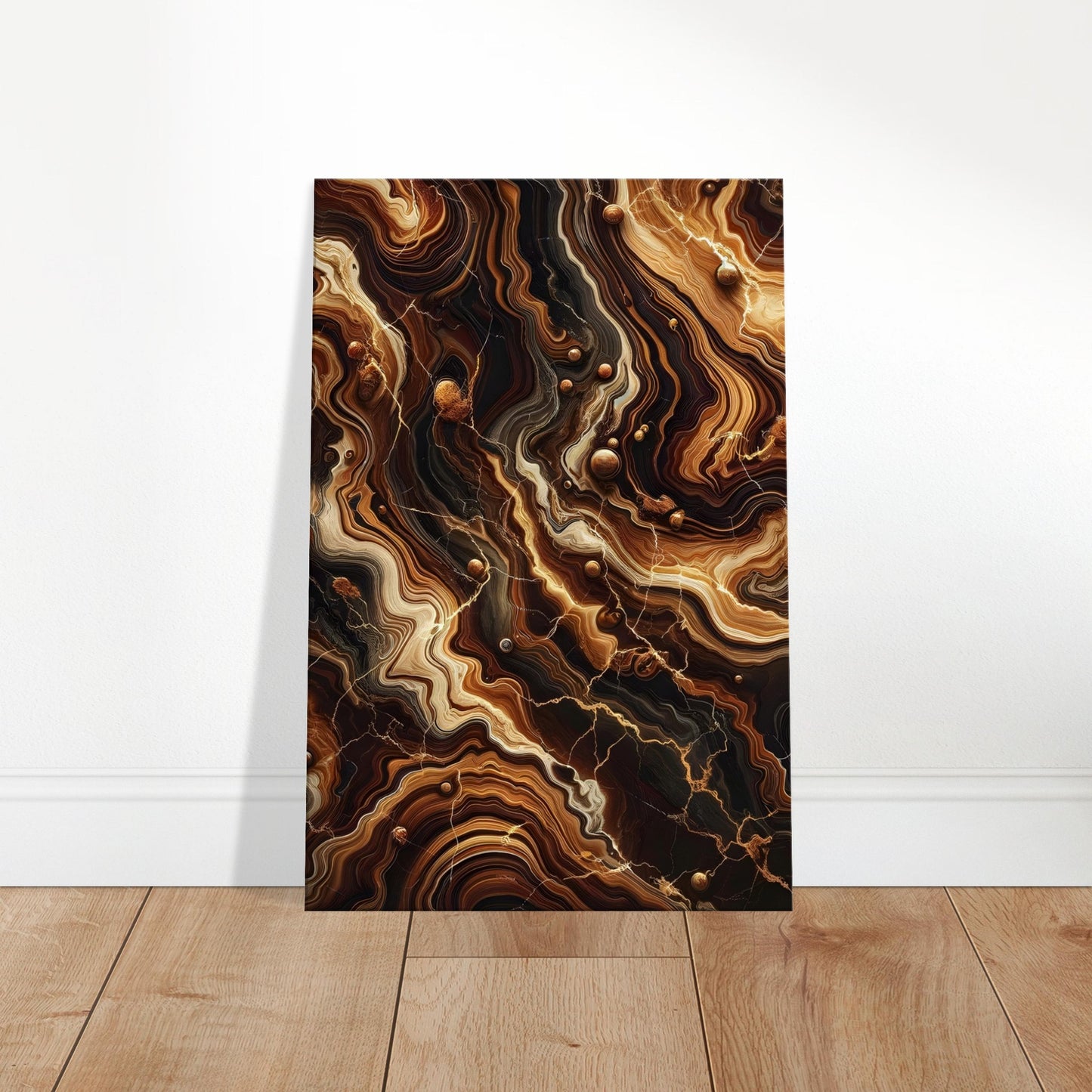 Chocolate brown marble wall art with caramel and espresso veining and a polished finish for a warm, sophisticated look.